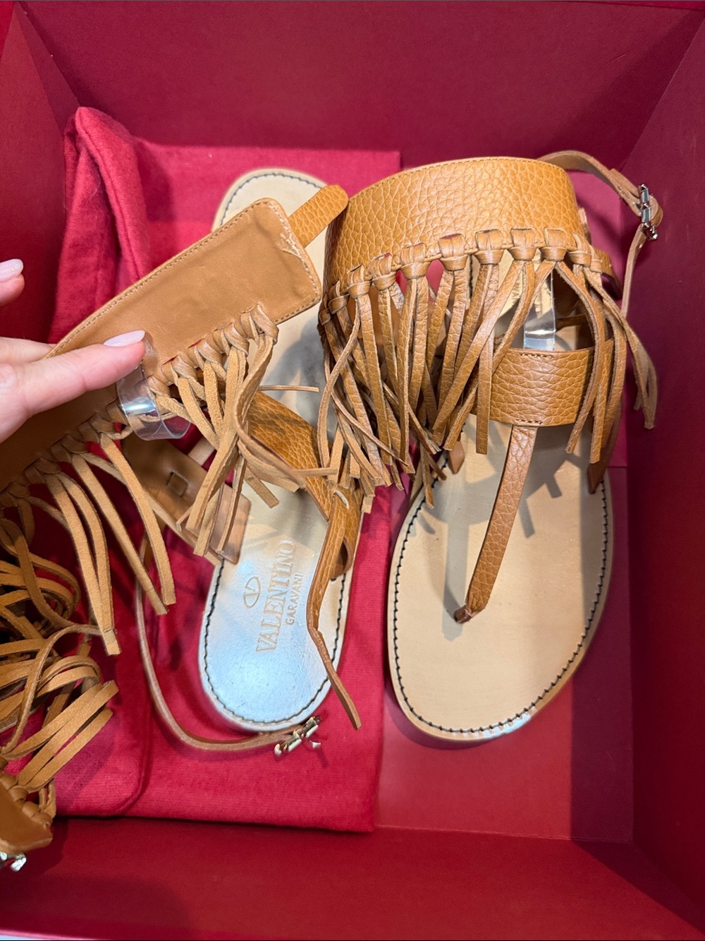 Valentino Garavani Cognac Fringe Leather Thong Sandals
